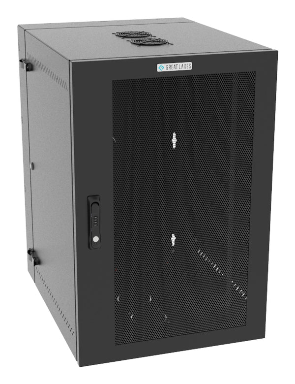 Vertiv Great Lakes GL36WMCMM-B-SC-AF-00 19U Wall-Mount Rack Cabinet, 28 in. Deep, Mesh Door, Black, with Fan