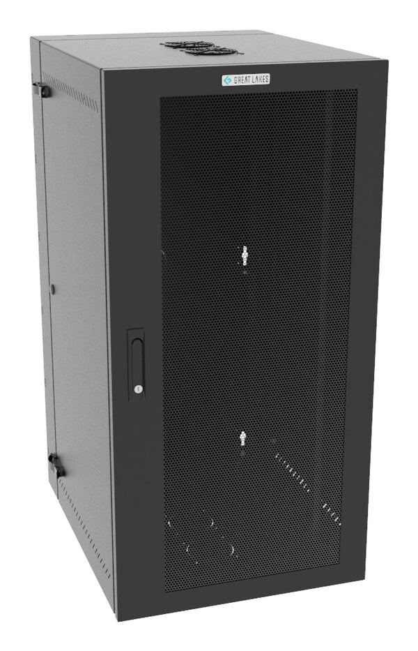 Vertiv Great Lakes GL48WMCMM-B-SH-AF-00 25U Wall-Mount Rack Cabinet, 28 in. Deep, Mesh Door, Black, with Fan