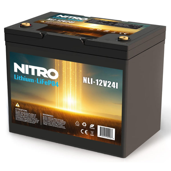 12V 100Ah LiFePO4 Lithium Battery (12.8V, Group 24), Nitro NLI-12V24I