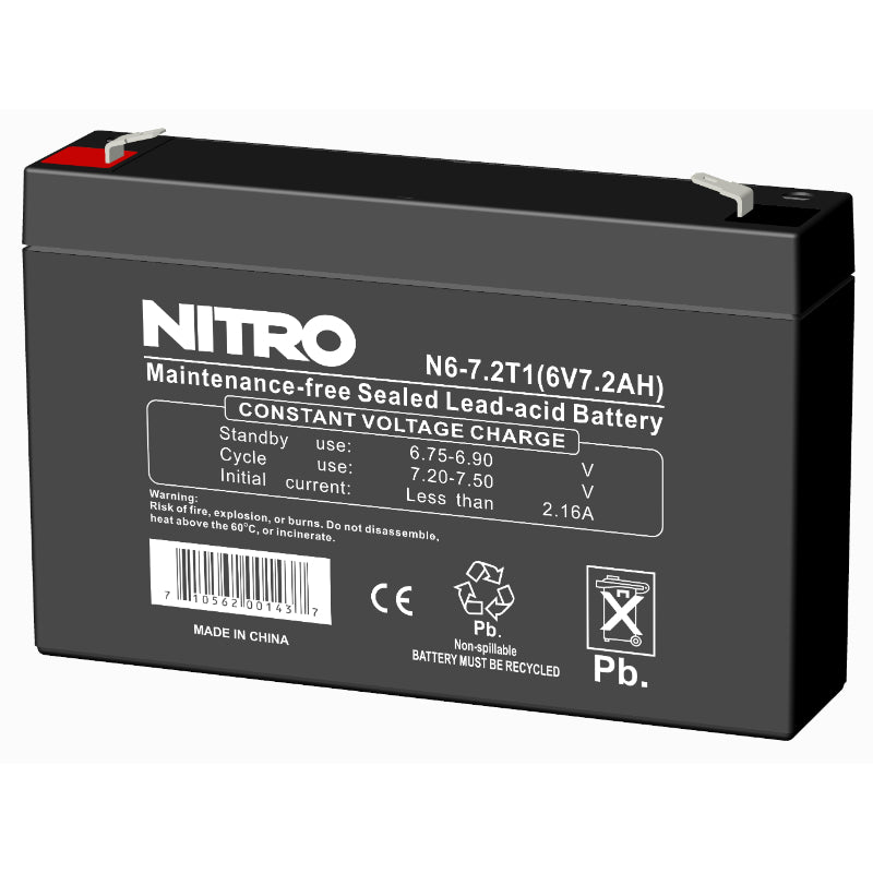 6V 7.2Ah Sealed Lead Acid (SLA) AGM Battery, Nitro N6-7.2T1