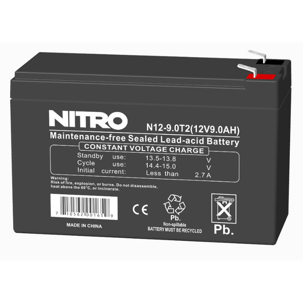 12V 9Ah Sealed Lead Acid (SLA) AGM Battery, Nitro N12-9.0T2