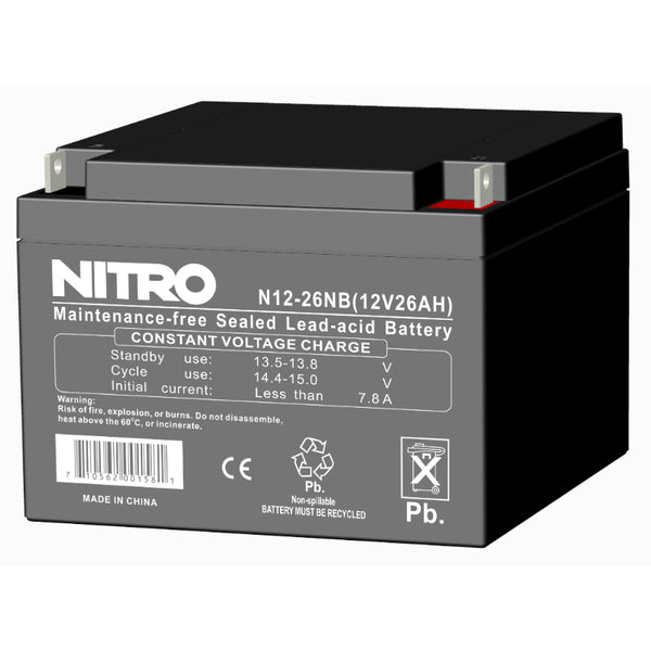 12V 26Ah Sealed Lead Acid (SLA) AGM Battery, Nitro N12-26NB