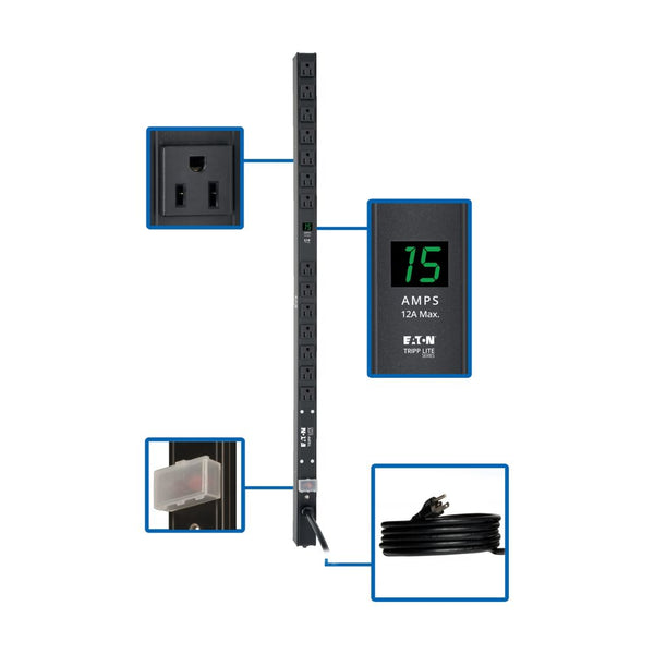 PDU monophasé avec compteur local Tripp Lite PDUMV15-36, 0U, entrée 5-15P, 1,5 kW, 100-127 V, 12 A, 14 prises : (14) 5-15R, cordon de 15 pi