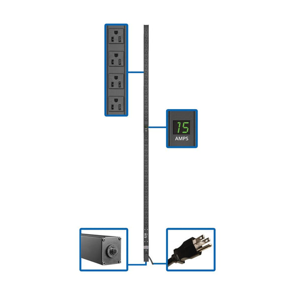 PDU monophasé avec compteur local Tripp Lite PDUMV15-72, 0U, entrée 5-15P, 1,5 kW, 100-127 V, 12 A, 36 prises : (36) 5-15R, cordon de 15 pi