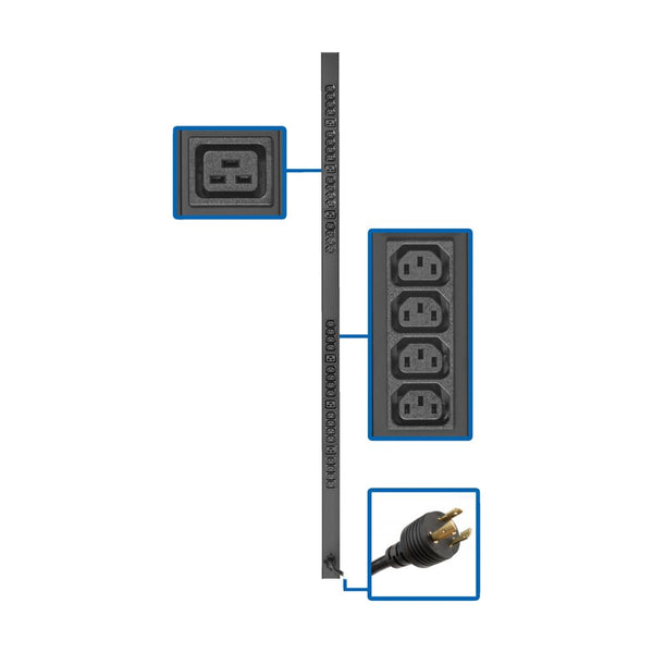 PDU monophasé de base Tripp Lite PDUV20HVL6-72, 0U, entrée L6-20P, 3,7 kW, 208/230 V, 16 A, 38 prises : (32) C13, (6) C19, cordon de 10 pi