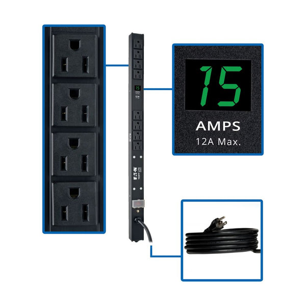 PDU monophasé avec compteur local Tripp Lite PDUMV15-24, 0U, entrée 5-15P, 1,5 kW, 100-127 V, 12 A, 8 prises : (8) 5-15R, cordon de 15 pi