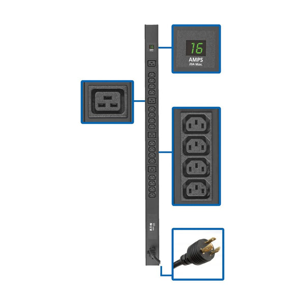 PDU monophasé avec compteur local Tripp Lite PDUMV20HV-36, 0U, entrée C20/L6-20P, 3,7 kW, 208/230 V, 16 A, 20 prises : (16) C13, (4) C19, cordon de 10 pi