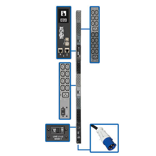 PDU surveillé Tripp Lite PDU3EVN10G60B 3 phases 200-240 V 14,5 kW, interface LX, Gigabit, 48 prises, entrée IEC 309 60A bleue, écran ACL, cordon de 3 m, 0U, hauteur de 1,8 m, conforme TAA