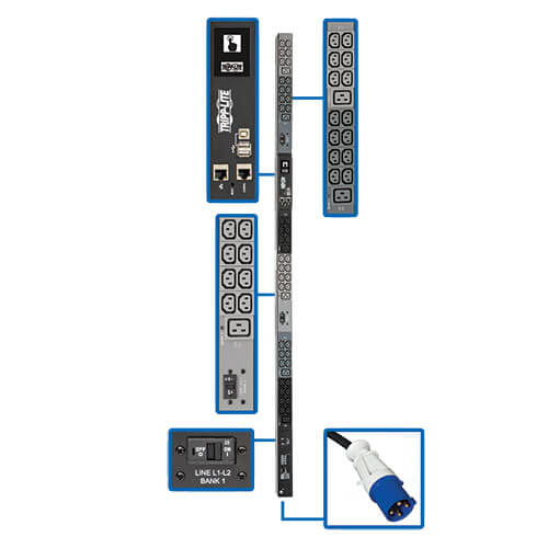 Tripp Lite PDU3EVN6G60B 14.5kW 200-240V 3PH Monitored PDU, LX Interface, Gigabit, 48 Outlets, IEC-309 60A Blue Input, LCD, 1.8 m Cord, 0U 1.8 m Height, TAA