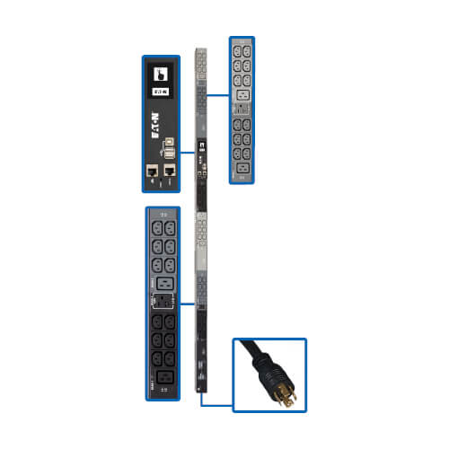 PDU surveillé Tripp Lite PDU3EVN6L2120 3 phases 208/120 V 5,8 kW, interface LX, Gigabit, 45 prises, entrée L21-20P, écran ACL, cordon de 1,8 m, 0U, hauteur de 1,8 m, conforme TAA