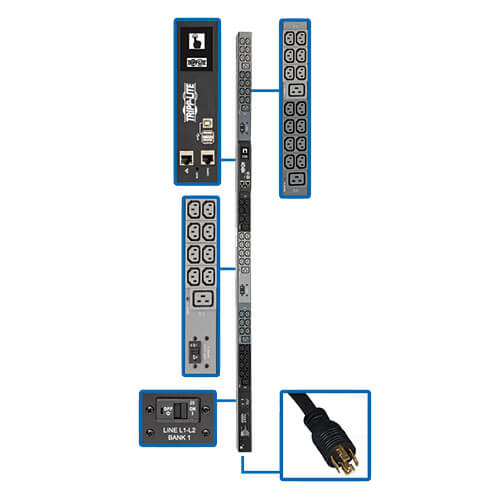 PDU surveillé Tripp Lite PDU3EVN6L2130B 3 phases 200-240 V 10 kW, interface LX, Gigabit, 48 prises, entrée L21-30P, écran ACL, cordon de 1,8 m, 0U, hauteur de 1,8 m, conforme TAA