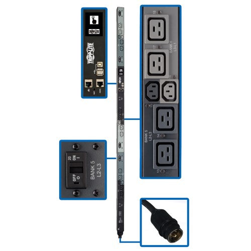 Tripp Lite PDU3EVNR6H50A 14.4kW 208V 3PH Monitored Per-Outlet PDU, LX Interface, Gigabit, 18 Outlets, 50A CS8365C Input, LCD, 1.8 m Cord, 0U 1.8 m Height, TAA