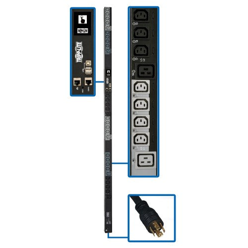 Tripp Lite PDU3EVS6L2120 6.7kW 200-240V 3PH Switched PDU, LX Interface, Gigabit, 30 Outlets, L21-20P Input, LCD, 1.8 m Cord, 0U 1.8 m Height, TAA
