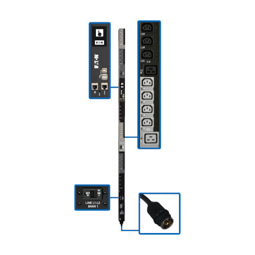 PDU commuté Tripp Lite PDU3EVS6L2130 3 phases 200-240 V 10 kW, interface LX, Gigabit, 30 prises, entrée L21-30P, écran ACL, cordon de 1,8 m, 0U, hauteur de 1,8 m, conforme TAA
