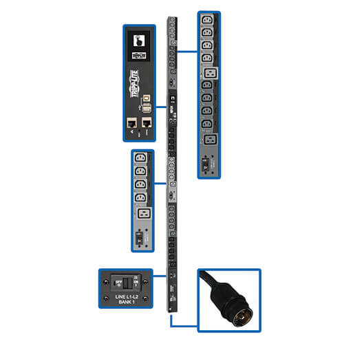 PDU commuté Tripp Lite PDU3EVSR6H50 3 phases 200-240 V 14,5 kW, interface LX, Gigabit, 30 prises, entrée Hubbell CS8365C, écran ACL, cordon de 1,8 m, 0U, hauteur de 1,8 m, conforme TAA