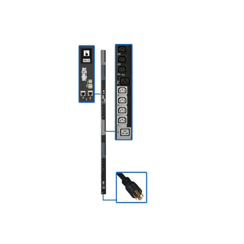 Tripp Lite PDU3EVSR6L2120 6.7kW 200-240V 3PH Switched PDU, LX Interface, Gigabit, 30 Outlets, L21-20P Input, Outlet Monitoring, LCD, 1.8 m Cord, 0U 1.8 m Height, TAA