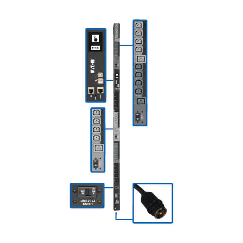 PDU commuté Tripp Lite PDU3EVSR6L2130 3 phases 200-240 V 10 kW, interface LX, Gigabit, 30 prises, entrée L21-30P, écran ACL, cordon de 1,8 m, 0U, hauteur de 1,8 m, conforme TAA