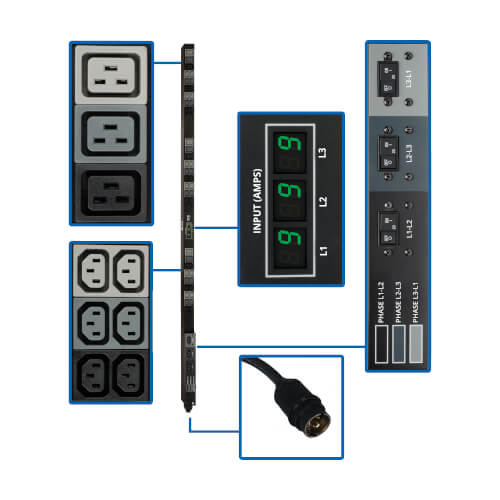 Tripp Lite PDU3MV6H50 12.6kW 3-Phase Local Metered PDU, 208V Outlets (36 C13 & 9 C19) Hubbell 50A CS8365C, 6 ft. (1.83 m) Cord, 0U Vertical, TAA