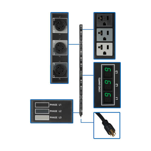 PDU avec compteur local Tripp Lite PDU3MV6L2120B 3 phases 5,7 kW, prises 208/120 V (21 5-15/20R, 6 L6-20R), L21-20P, cordon de 6 pi (1,83 m), 0U vertical, conforme TAA