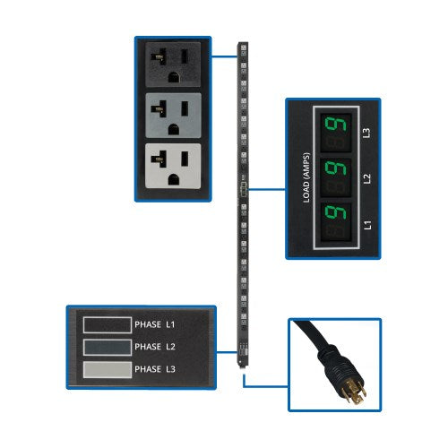 PDU avec compteur local Tripp Lite PDU3MV6L2120LV 3 phases 5,7 kW, prises 120 V (42 5-15/20R), entrée 208 V L21-20P, cordon de 6 pi (1,83 m), 0U vertical, conforme TAA