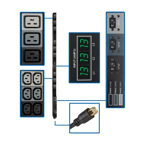 Tripp Lite PDU3MV6L2130A 3-Phase Local Metered PDU, 8.6 kW, 45 208V outlets (36 C13, 9 C19), 6 ft. (1.83 m) NEMA L21-30P Input connection, TAA Compliant