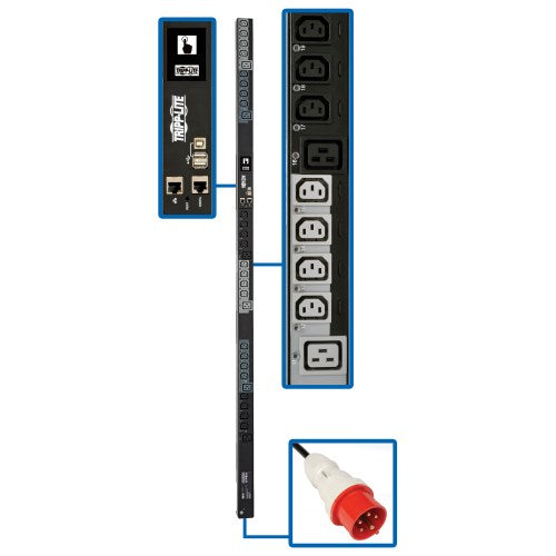 Tripp Lite PDU3XEVSR6G20 11.5kW 208-240V 3PH Switched PDU, LX Interface, Gigabit, 30 Outlets, IEC 309 16/20A Red 360-415V Input, Outlet Monitoring, LCD, 1.8 m Cord, 0U 1.8 m Height, TAA
