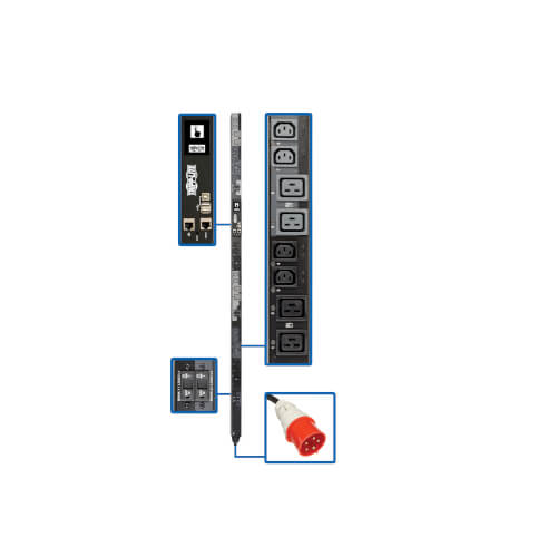 Tripp Lite PDU3XEVSR6G30A 17.3kW 220-240V 3PH Switched PDU, LX Interface, Gigabit, 24 Outlets, IEC 309 30A Red 380-415V Input, Outlet Monitoring, LCD, 1.8 m Cord, 0U 1.8 m Height, TAA