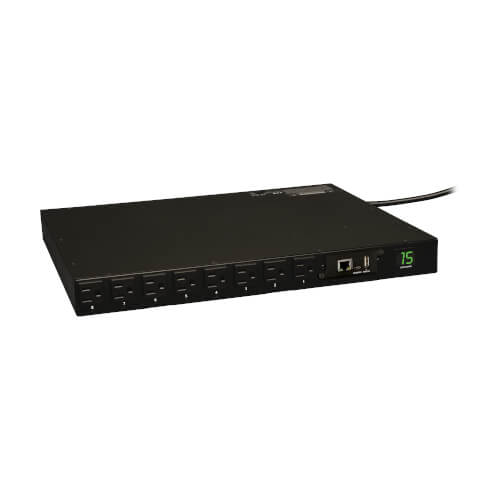 Tripp Lite PDUMH15NET 1.4kW Single-Phase Switched PDU, LX Interface, 120V Outlets (16 5-15R), 5-15P, 120V Input, 12 ft. (3.66 m) Cord, 1U Rack-Mount, TAA