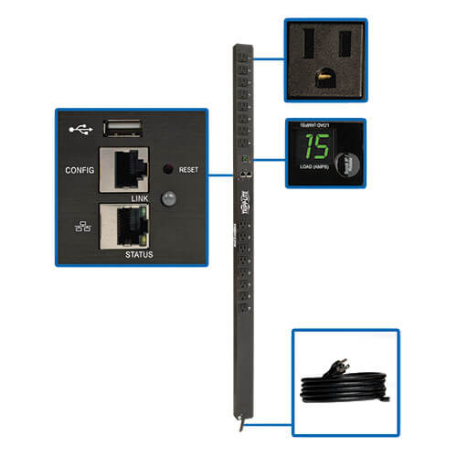 PDU surveillé Tripp Lite PDUMNV15LX monophasé 1,4 kW avec interface LX Platform, prises 120 V (16 5-15R), cordon de 10 pi (3,05 m) avec fiche 5-15P, 0U, conforme TAA