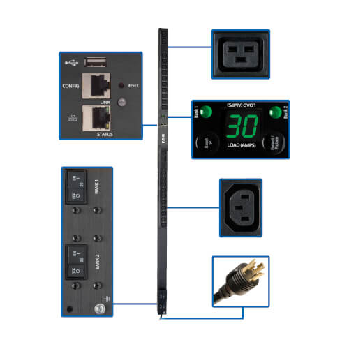 PDU surveillé Tripp Lite PDUMNV30HVLX monophasé 5,5 kW avec interface LX Platform, prises 208/230 V (20 C13 et 4 C19), L6-30P, 0U, conforme TAA
