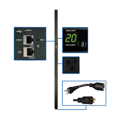 PDU commuté Tripp Lite PDUMV20NETLX monophasé 1,9 kW, interface LX, prises 120 V (24 5-15/20R), cordon de 10 pi (3,05 m) avec L5-20P, 0U, conforme TAA