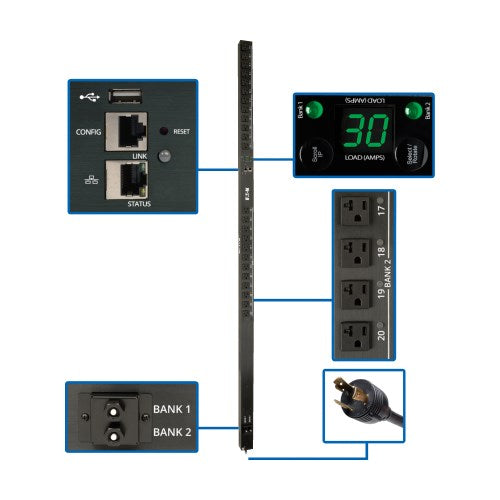PDU commuté Tripp Lite PDUMV30NETLX monophasé 2,9 kW, interface LX, prises 120 V (24 5-15/20R), cordon de 10 pi (3,05 m) avec L5-30P, 0U, conforme TAA