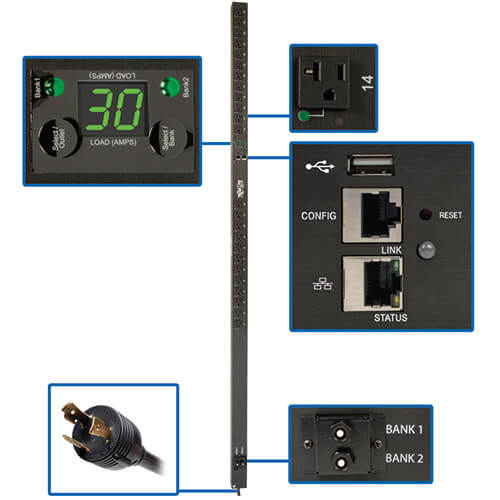 PDU commuté Tripp Lite PDUMVR30NETLX monophasé 2,9 kW, LX Platform, surveillance par prise, prises 120 V (24 NEMA 5-15/20R), fiche L5-30P, 0U, conforme TAA