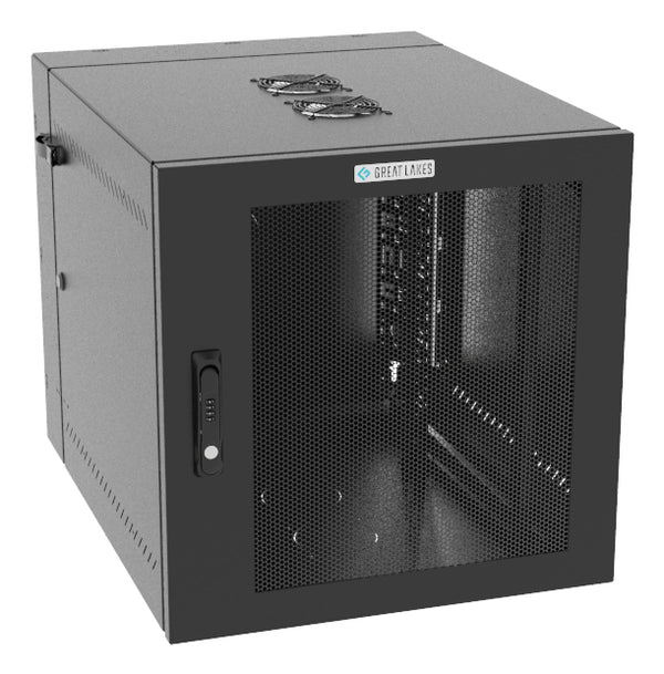 Armoire murale Vertiv Great Lakes GL24WMCMM-B-SC-AF-CM 12U, profondeur de 28 po, porte en maille, noire, avec ventilateur
