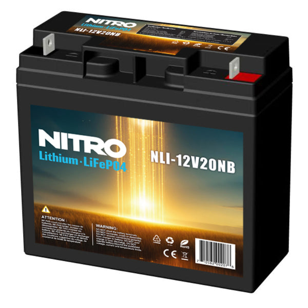 12V 20Ah LiFePO4 Lithium Battery (12.8V), Nitro NLI-12V20NB