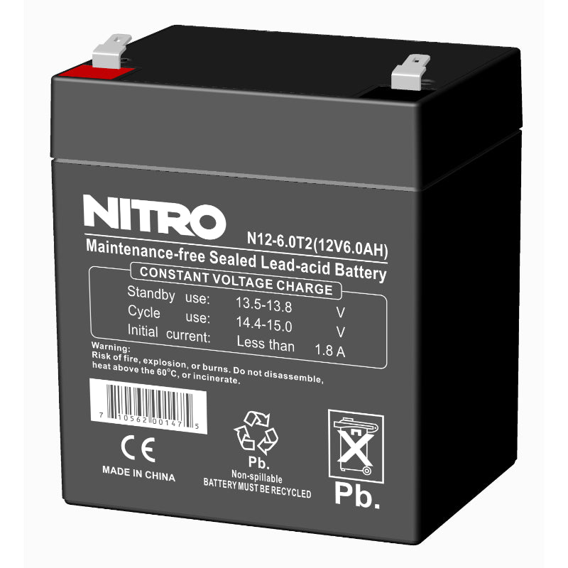 12V 6Ah Sealed Lead Acid (SLA) AGM Battery, Nitro N12-6.0T2