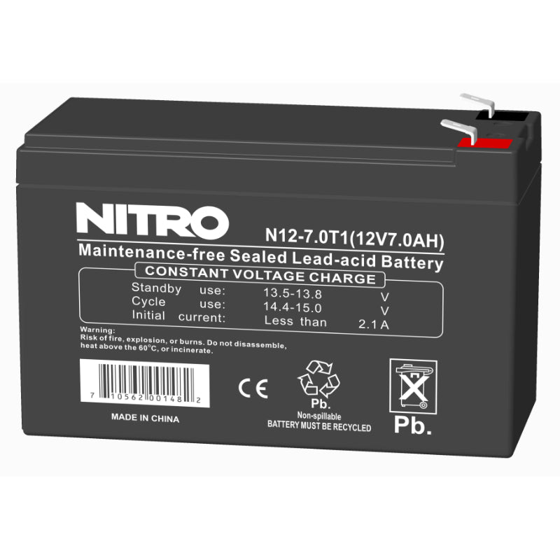 12V 7Ah Sealed Lead Acid (SLA) AGM Battery, Nitro N12-7.0T1