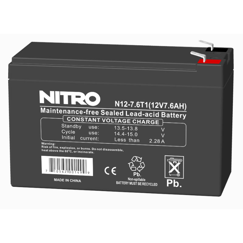 12V 7.6Ah Sealed Lead Acid (SLA) AGM Battery, Nitro N12-7.6T1