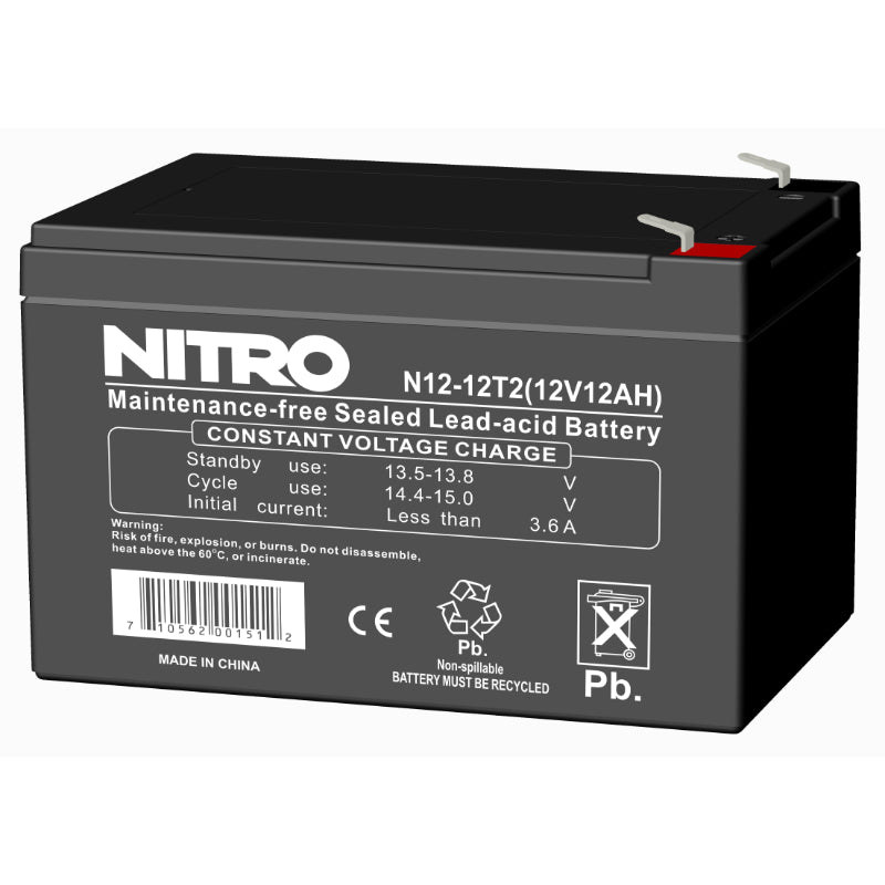 12V 12Ah Sealed Lead Acid (SLA) AGM Battery, Nitro N12-12T2