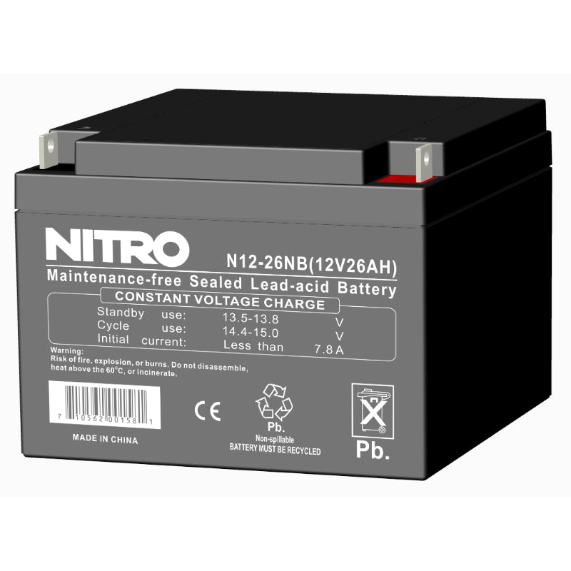 12V 26Ah Sealed Lead Acid (SLA) AGM Battery, Nitro N12-26NB