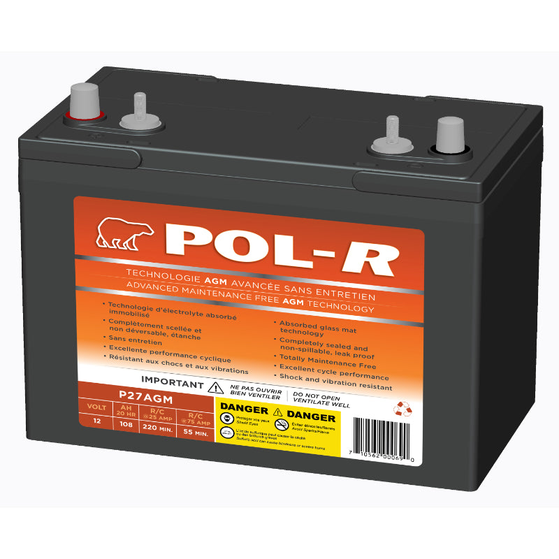 Batterie à décharge profonde AGM 12 V 108 Ah (groupe 27), Pol-R P27AGMDT