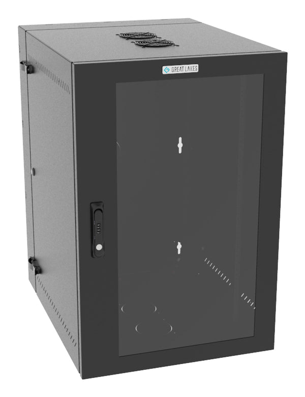 Vertiv Great Lakes GL36WMCMP-B-SC-AF-00 19U Wall-Mount Rack Cabinet, 28 in. Deep, Plexiglass Door, Black, with Fan