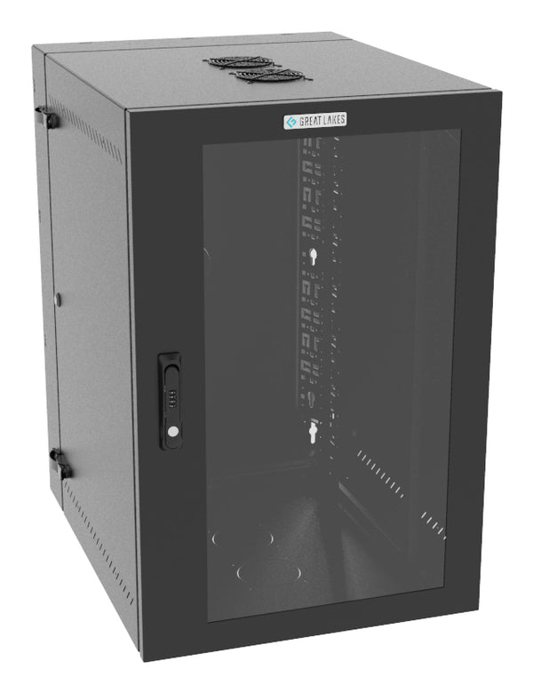 Vertiv Great Lakes GL36WMCMP-B-SC-AF-CM 19U Wall-Mount Rack Cabinet, 28 in. Deep, Plexiglass Door, Black, with Fan
