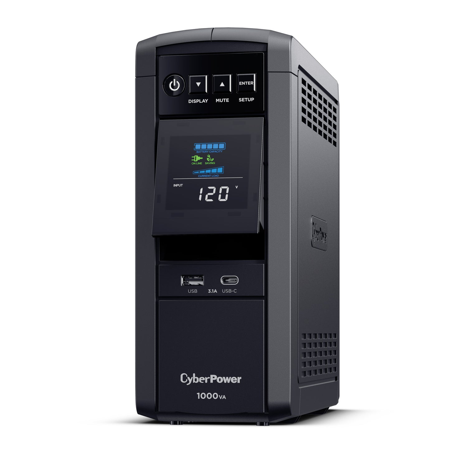 CyberPower CP1000PFCLCD 1000VA / 600W Line Interactive UPS (Mini-Tower) — Left angle