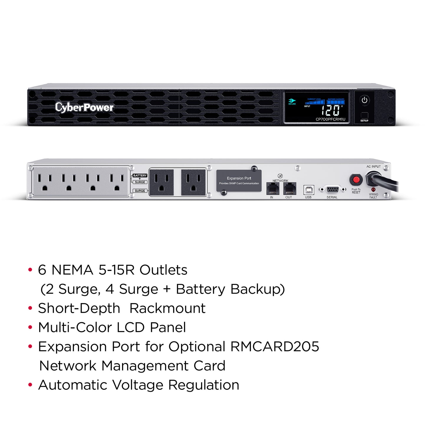 CyberPower CP700PFCRM1U 700VA / 400W Line Interactive UPS (Rackmount) — Right angle