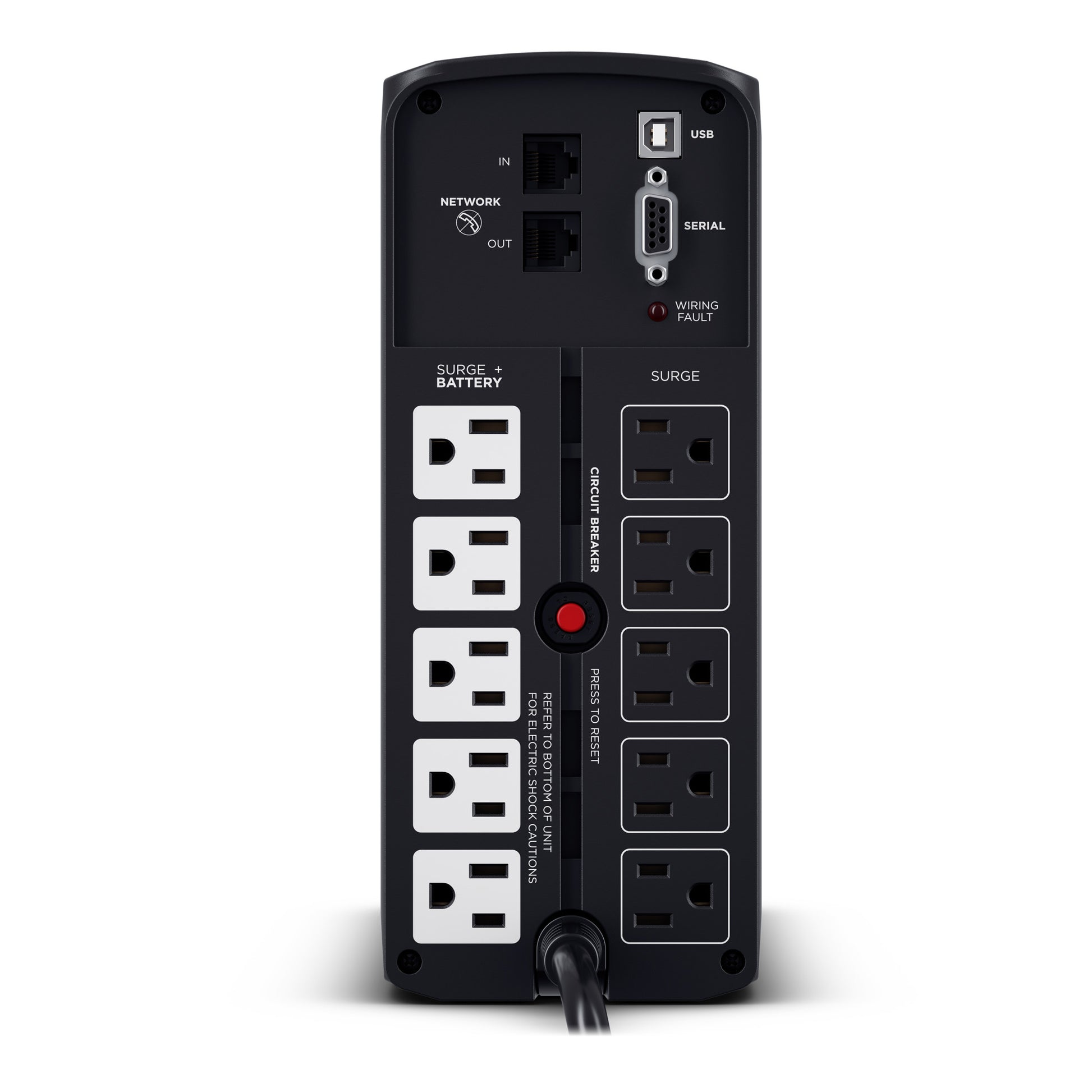 CyberPower CP850PFCLCD 850VA Line Interactive UPS (Mini-Tower) — Rear view