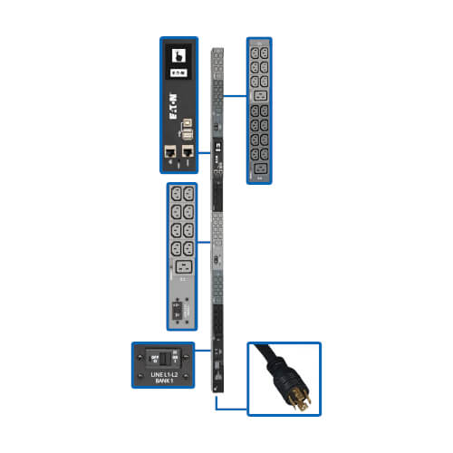 PDU surveillé Tripp Lite PDU3EVN10L2130B 3 phases 200-240 V 10 kW, interface LX, Gigabit, 48 prises, NEMA L21-30P, écran ACL, cordon de 3 m, 0U, hauteur de 1,8 m, conforme TAA