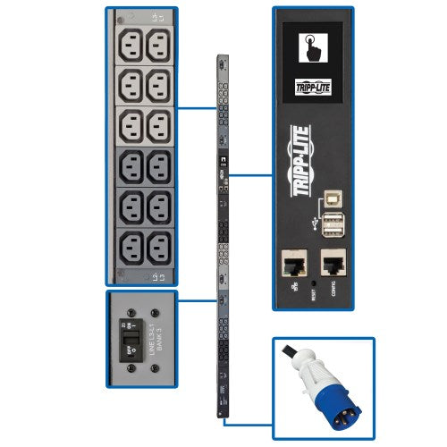 PDU surveillé Tripp Lite PDU3EVN6G60C 3 phases 200-240 V 18,7 kW, interface LX, Gigabit, 36 prises C13, entrée IEC 309 60A bleue, écran ACL, cordon de 1,8 m, 0U, hauteur de 1,8 m, conforme TAA