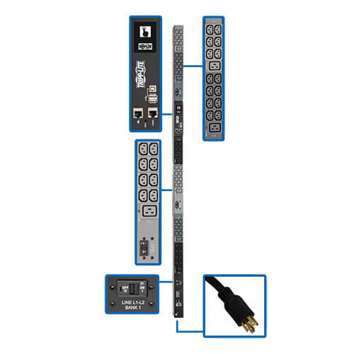 PDU surveillé Tripp Lite PDU3EVN6L1530B 3 phases 200-240 V 10 kW, interface LX, Gigabit, 48 prises, L15-30P, écran ACL, cordon de 1,8 m, 0U, hauteur de 1,8 m, conforme TAA