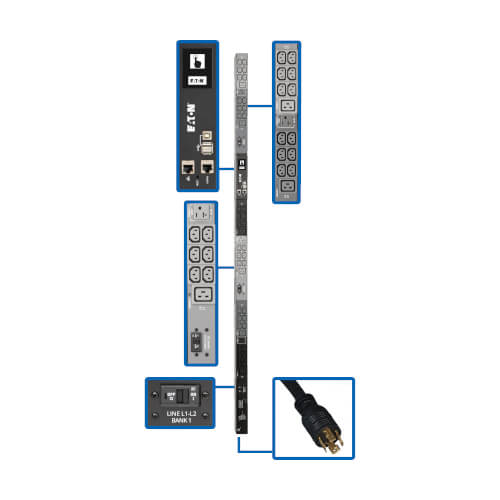 PDU surveillé Tripp Lite PDU3EVN6L2130 3 phases 208/120 V 8,6 kW, interface LX, Gigabit, 45 prises, entrée L21-30P, écran ACL, cordon de 1,8 m, 0U, hauteur de 1,8 m, conforme TAA
